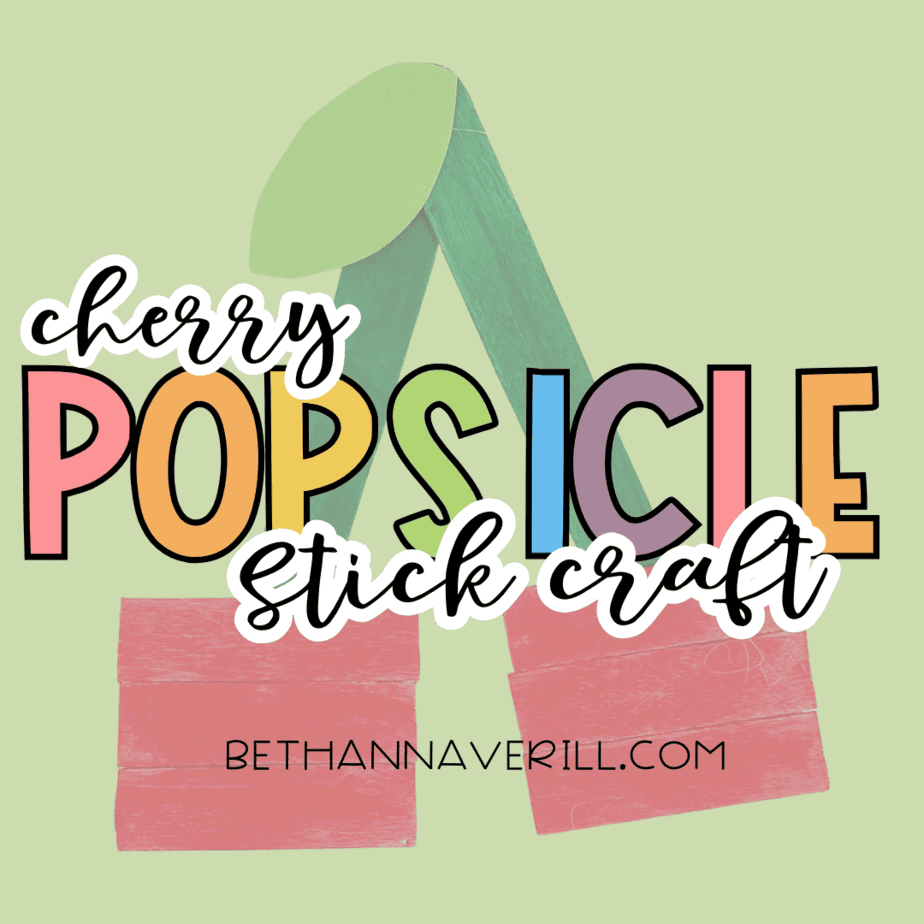 Graphic showing the completed craft with two sets of red craft sticks connected by green sticks and a leaf, with text that reads “cherry popsicle stick craft.”