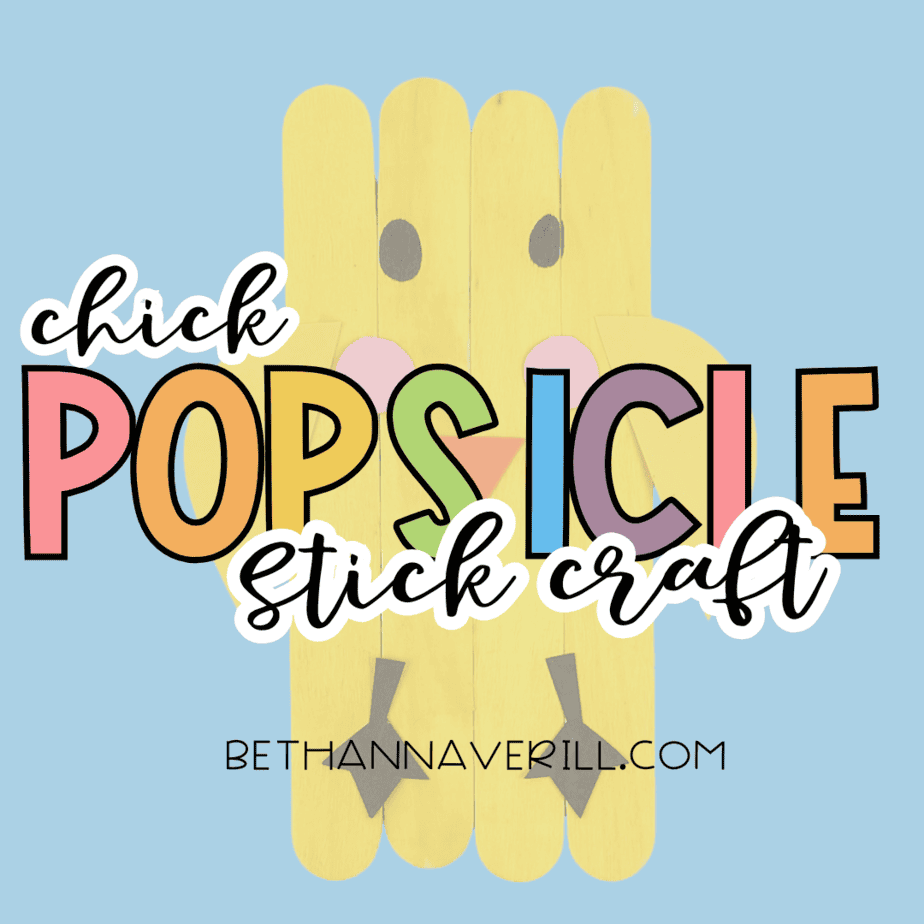 Graphic showing a chick popsicle stick craft with the text “chick popsicle stick craft” on a blue background.