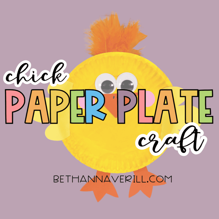 A graphic showing the finished yellow paper plate chick craft with colorful text that reads “Chick Paper Plate Craft.”