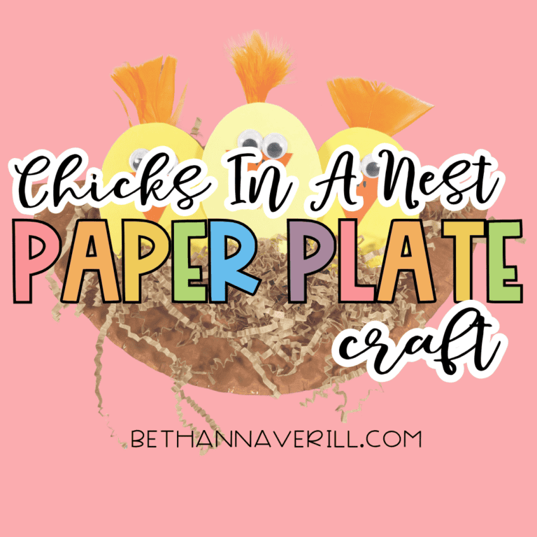 A graphic-style image shows the same arrangement with text overlaid reading: “Chicks In A Nest PAPER PLATE craft,” along with a website name at the bottom.