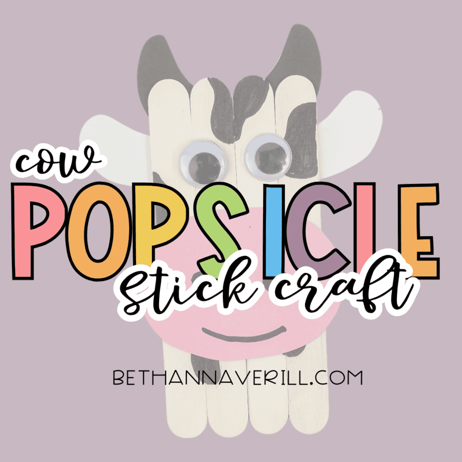 A graphic-style image shows the same assembled piece with text overlaid reading: “cow POPSICLE stick craft,” along with a website name at the bottom.