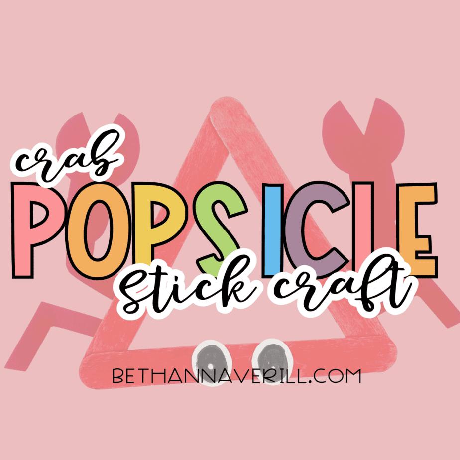 Graphic with text “crab popsicle stick craft” over a background image of the finished craft