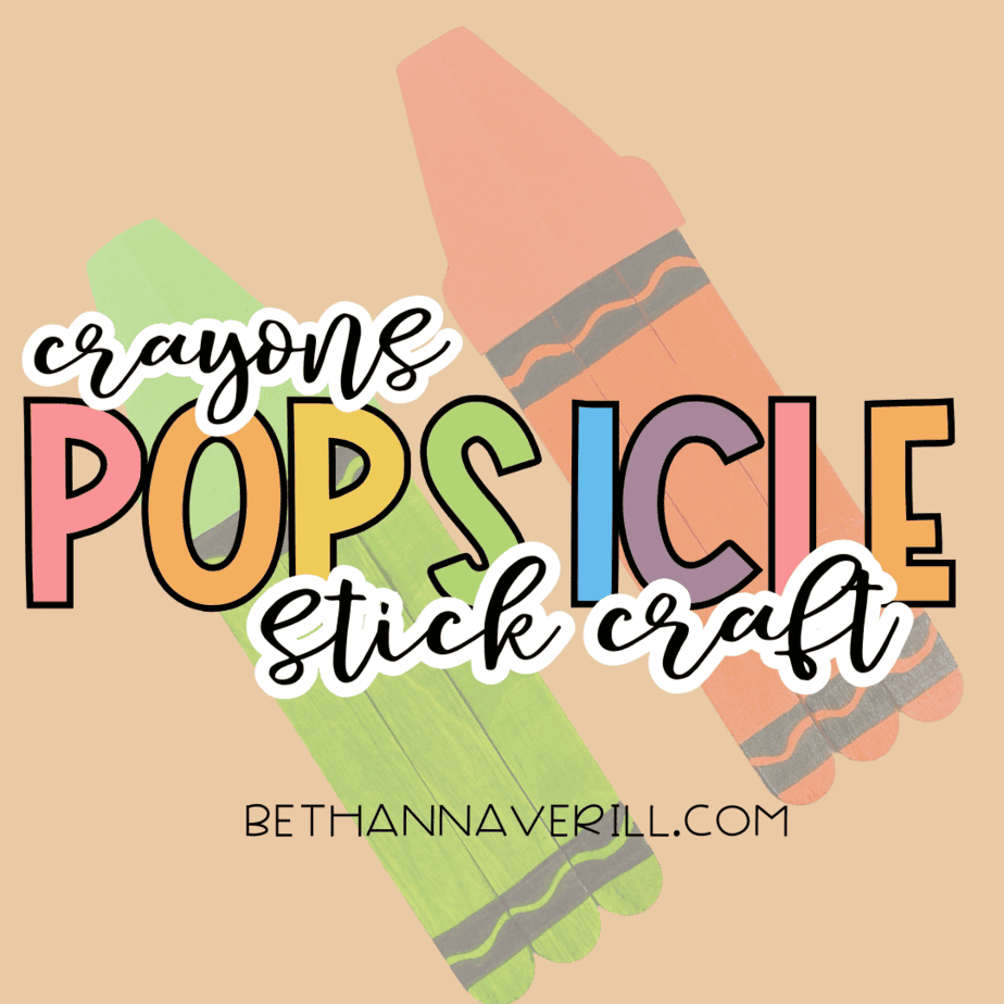 Two finished popsicle stick crafts with colorful overlay text reading “crayons popsicle stick craft”