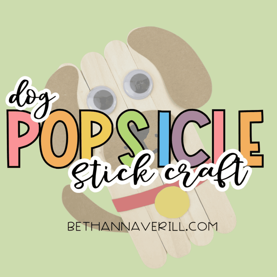 Graphic showing a dog popsicle stick craft with the text “dog popsicle stick craft” on a green background.