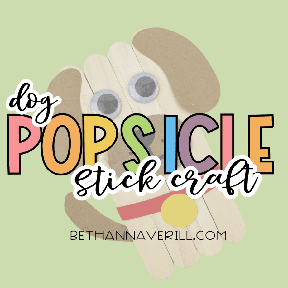 Graphic showing a dog popsicle stick craft with the text “dog popsicle stick craft” on a green background.