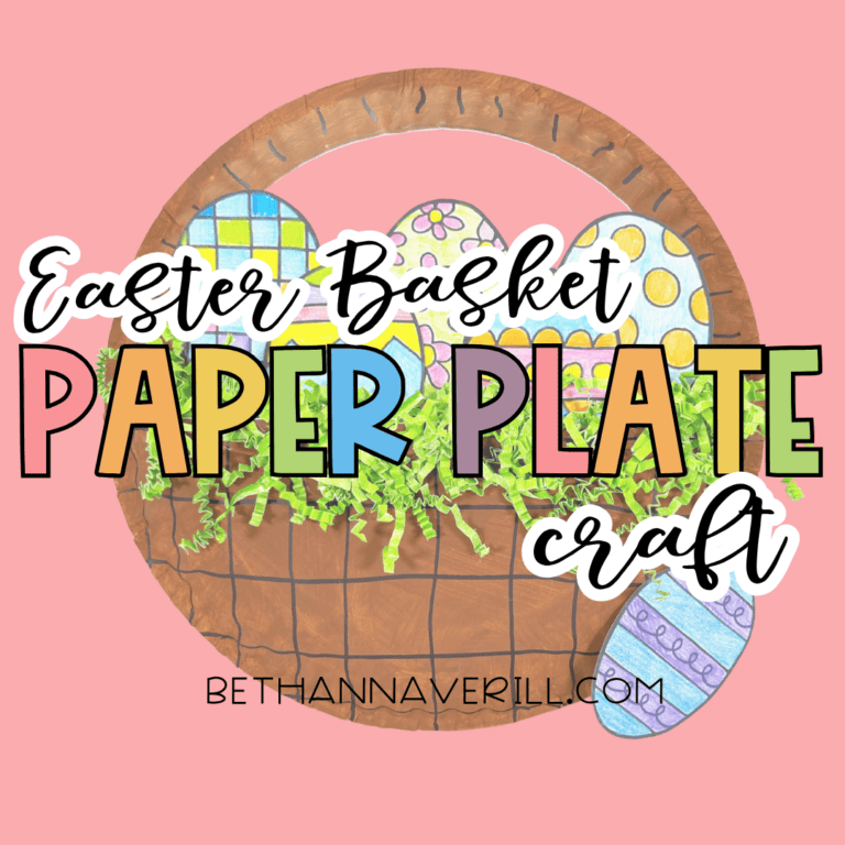 Graphic image with text “Easter Basket Paper Plate Craft” over a photo of the finished basket craft on a pink background