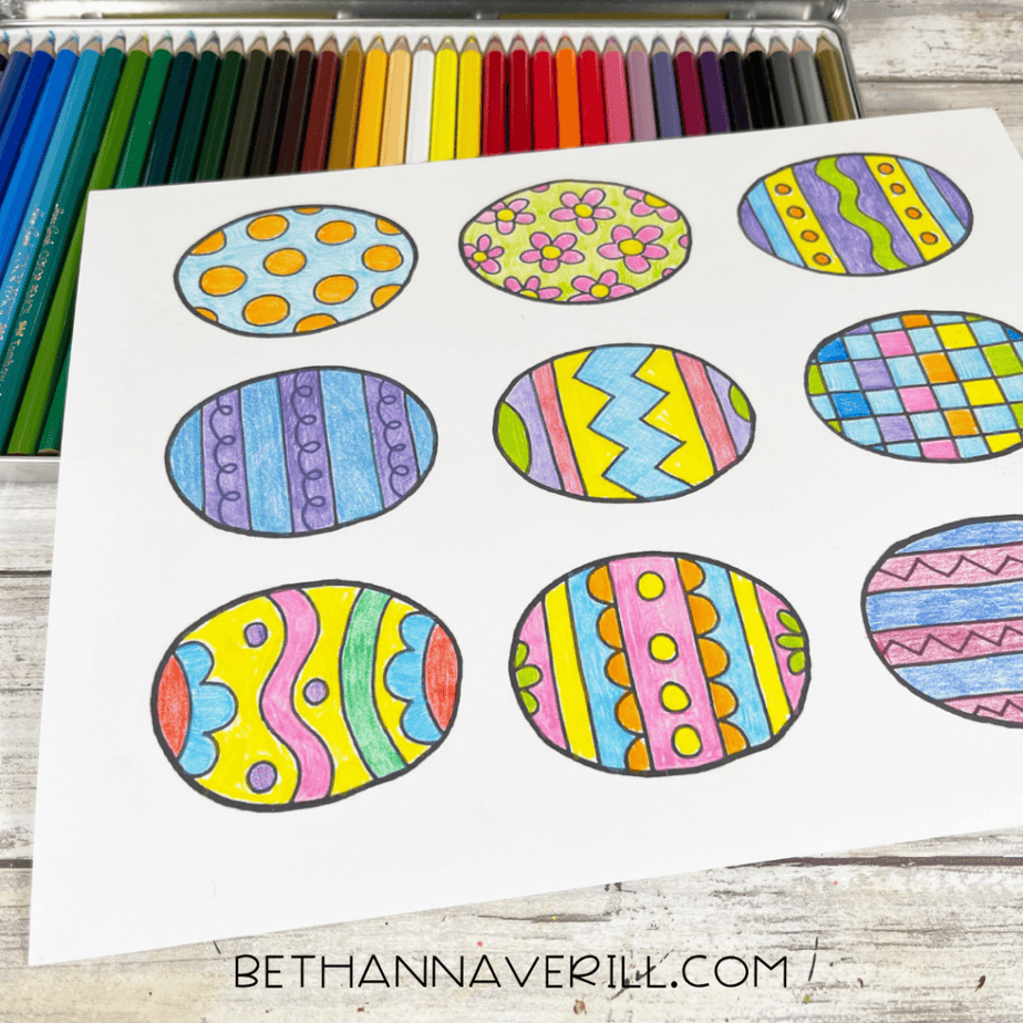 Easter egg coloring page filled in with bright colors using colored pencils