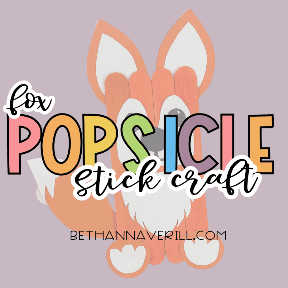Graphic showing a fox popsicle stick craft with the text “fox popsicle stick craft” on a purple background.