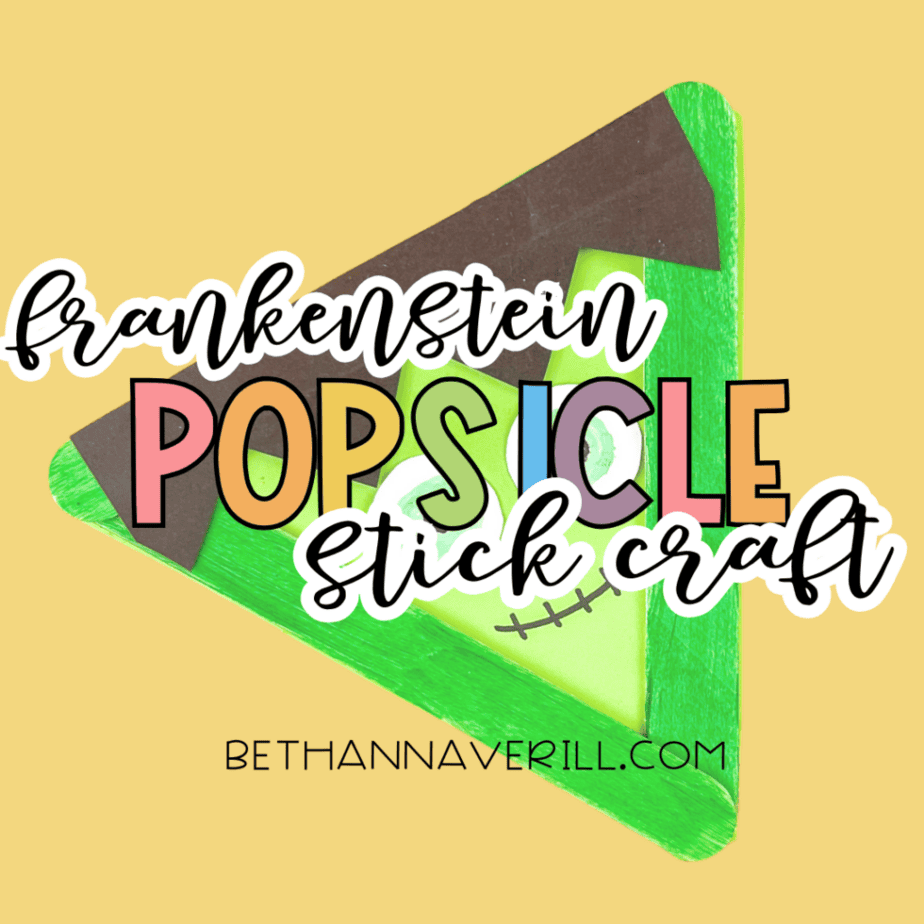 Graphic showing a Frankenstein popsicle stick craft with the text “Frankenstein popsicle stick craft” on a yellow background.