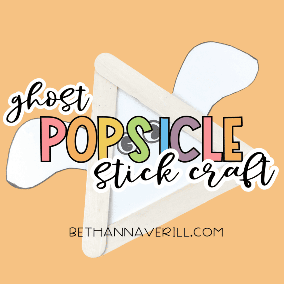 Graphic showing a ghost popsicle stick craft with colorful title text on an orange background.