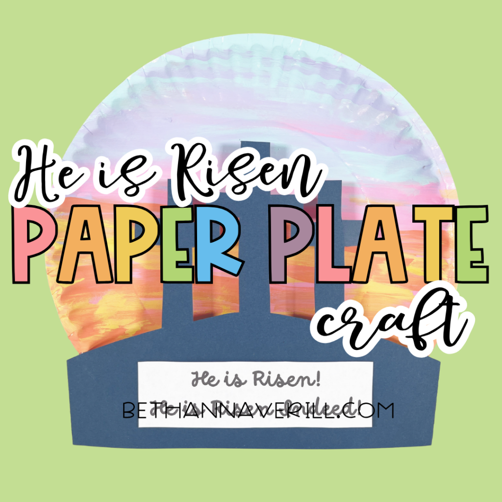 Final graphic showing the craft with the words “He is Risen Paper Plate Craft” on a green background.