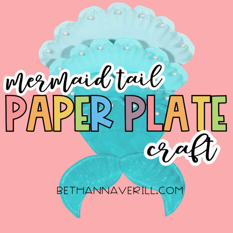 Graphic showing a turquoise mermaid tail paper plate craft with the text “Mermaid Tail Paper Plate Craft” on a pink background.