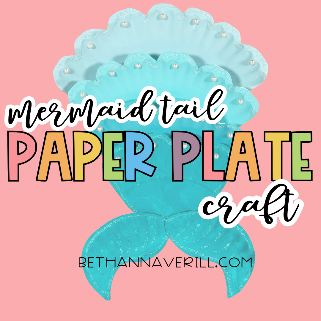 Graphic showing a turquoise mermaid tail paper plate craft with the text “Mermaid Tail Paper Plate Craft” on a pink background.
