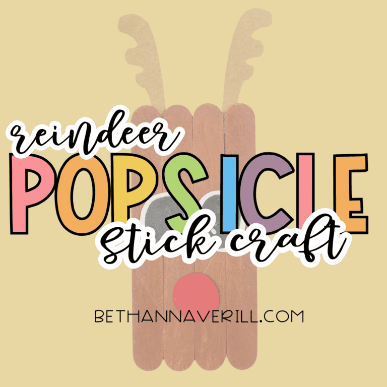 Graphic with the text “reindeer POPSICLE stick craft” over a faded image of the completed reindeer craft on a beige background.