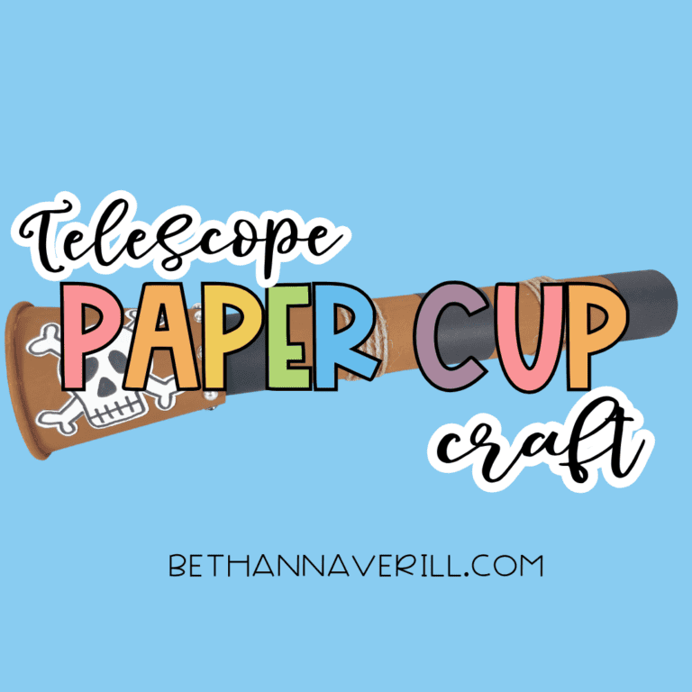 Title graphic reading “Telescope PAPER CUP craft” with the completed pirate telescope on a blue background.