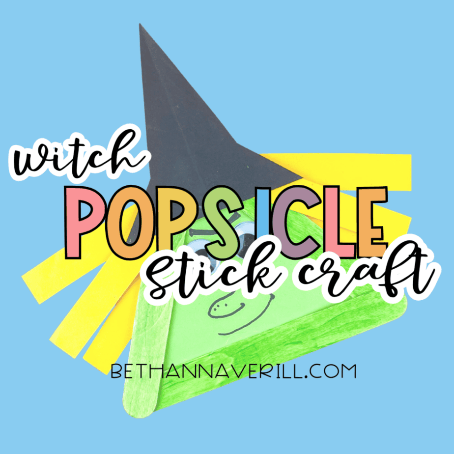 witch-craft-stick-project Title graphic for a kids’ witch popsicle stick craft featuring a smiling green witch with googly eyes, yellow paper hair, and a black hat on a blue background with colorful text reading “Witch Popsicle Stick Craft.”