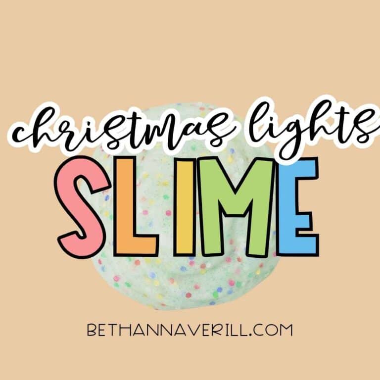 Mint green Christmas Lights Slime with colorful confetti on a tan background. Overlaid text reads “christmas lights SLIME” and “BETHANNAVERILL.COM”.