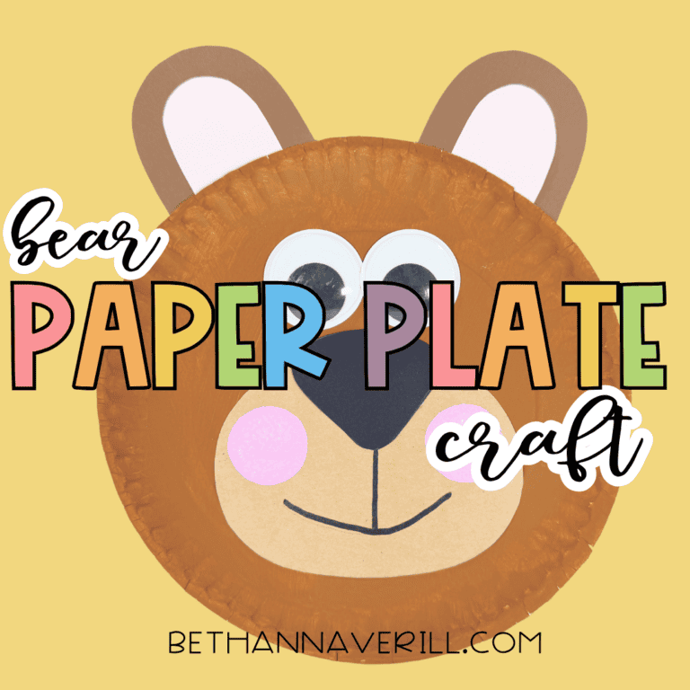 Graphic featuring the finished bear paper plate craft on a yellow background with the words “Bear Paper Plate Craft.”