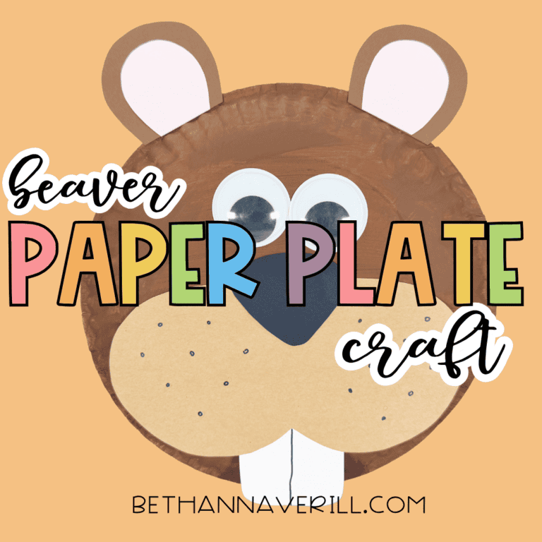 Graphic featuring the finished beaver craft with the text “beaver paper plate craft” on a tan background.
