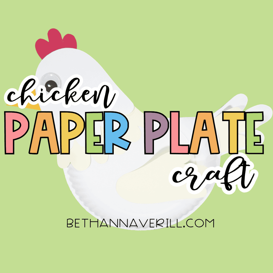 Finished paper plate chicken craft on a light green background with the text “chicken paper plate craft” across the image.