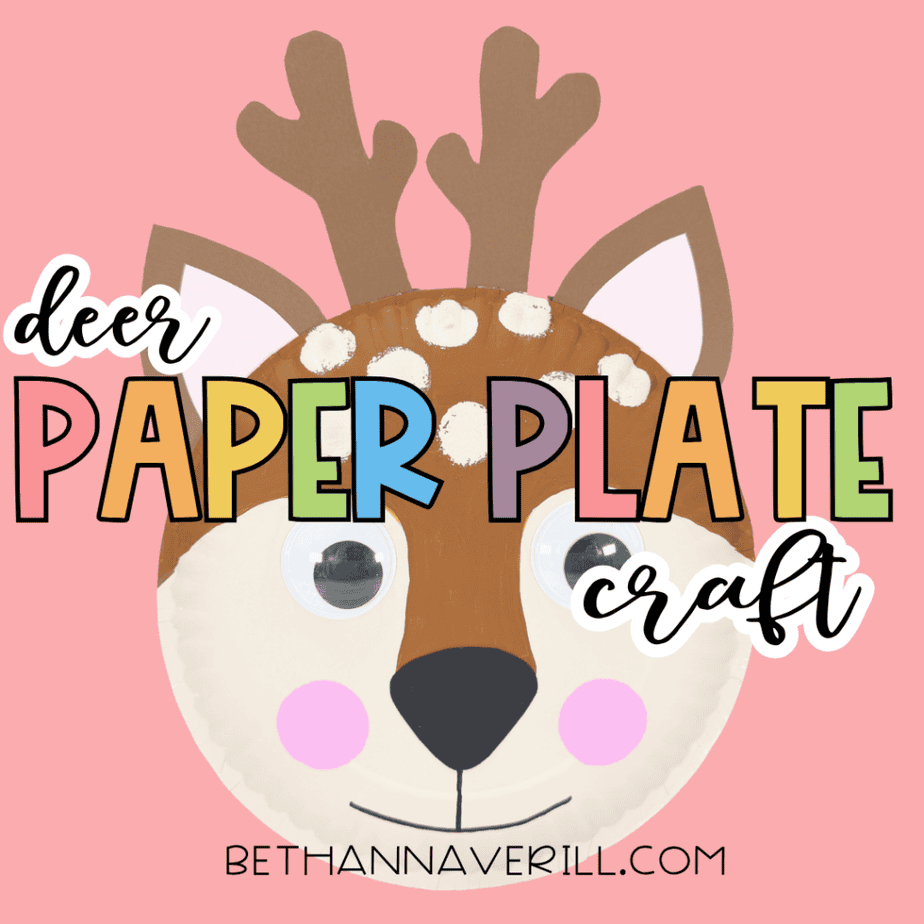 Finished paper plate deer craft on a pink background with the text “deer paper plate craft” across the image.