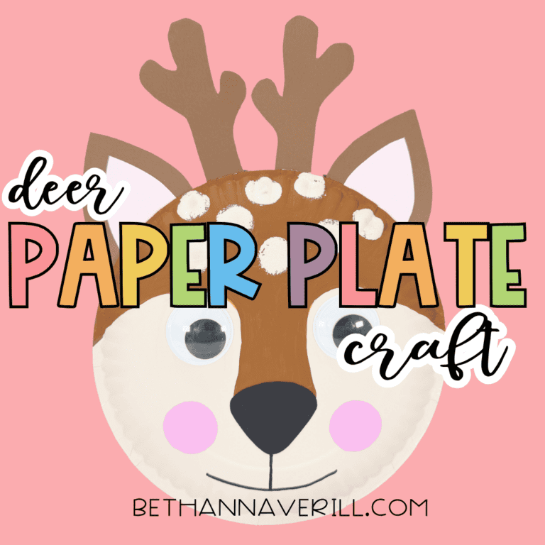Finished paper plate deer craft on a pink background with the text “deer paper plate craft” across the image.