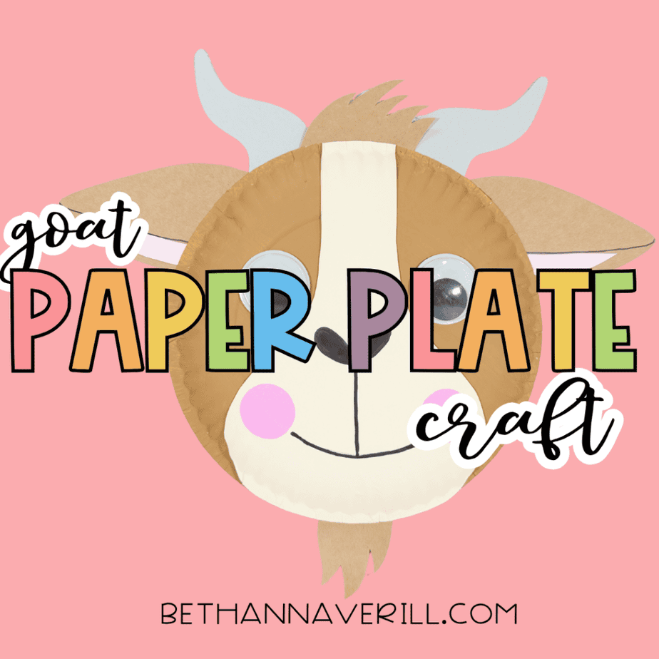 Finished paper plate goat craft on a pink background with the text “goat paper plate craft” across the image.