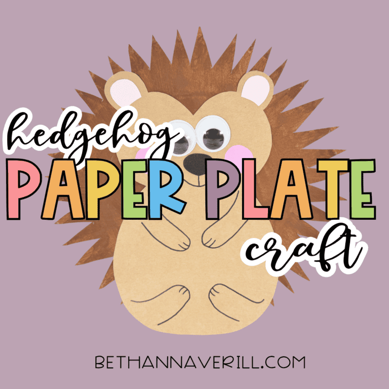Finished paper plate hedgehog craft on a muted purple background with the text “hedgehog paper plate craft” across the image.