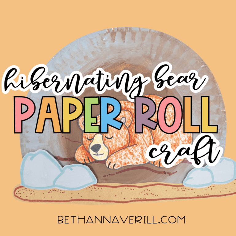 Hibernating bear paper roll craft graphic featuring a sleeping bear inside a painted cave with the words “hibernating bear paper roll craft” across the image.