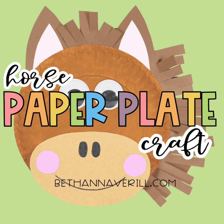 Finished paper plate horse craft on a light green background with the text “horse paper plate craft” across the image.
