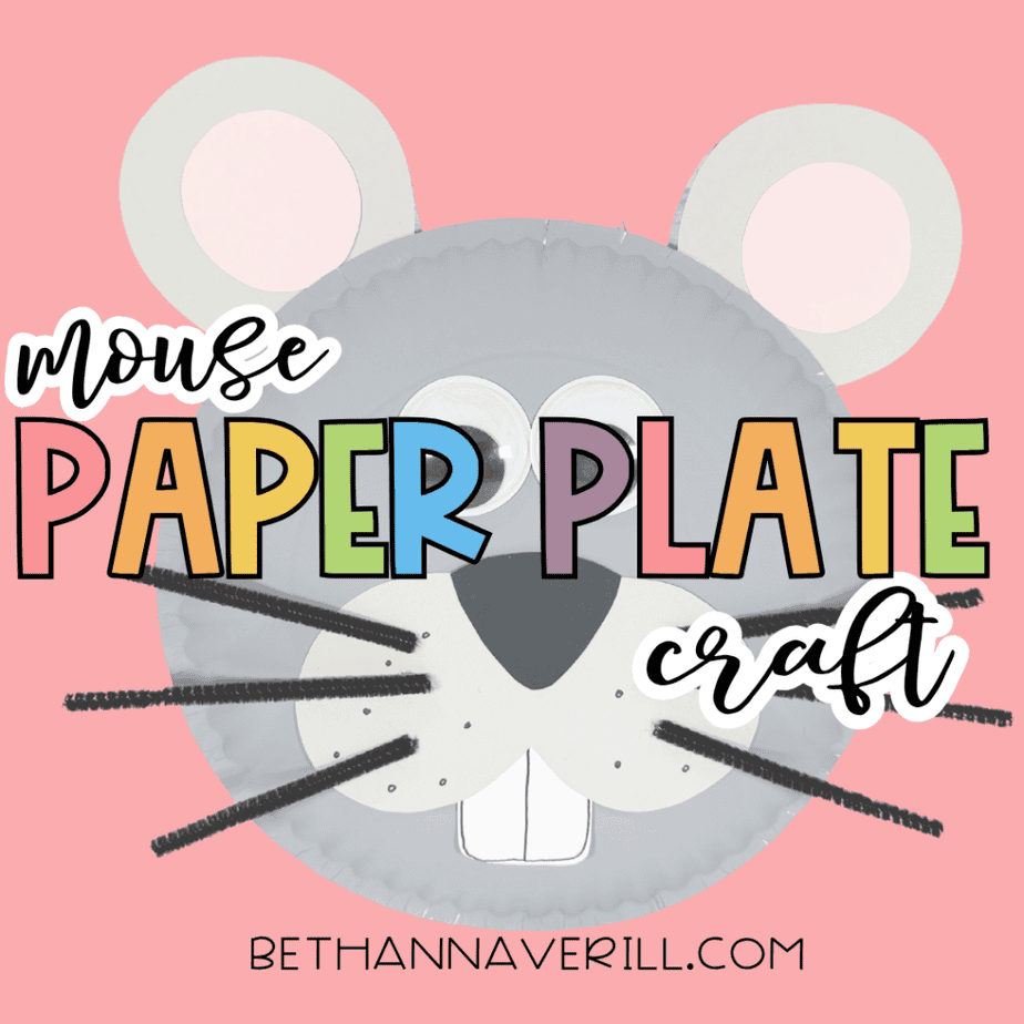 Finished paper plate mouse craft on a pink background with the text “mouse paper plate craft” across the image.