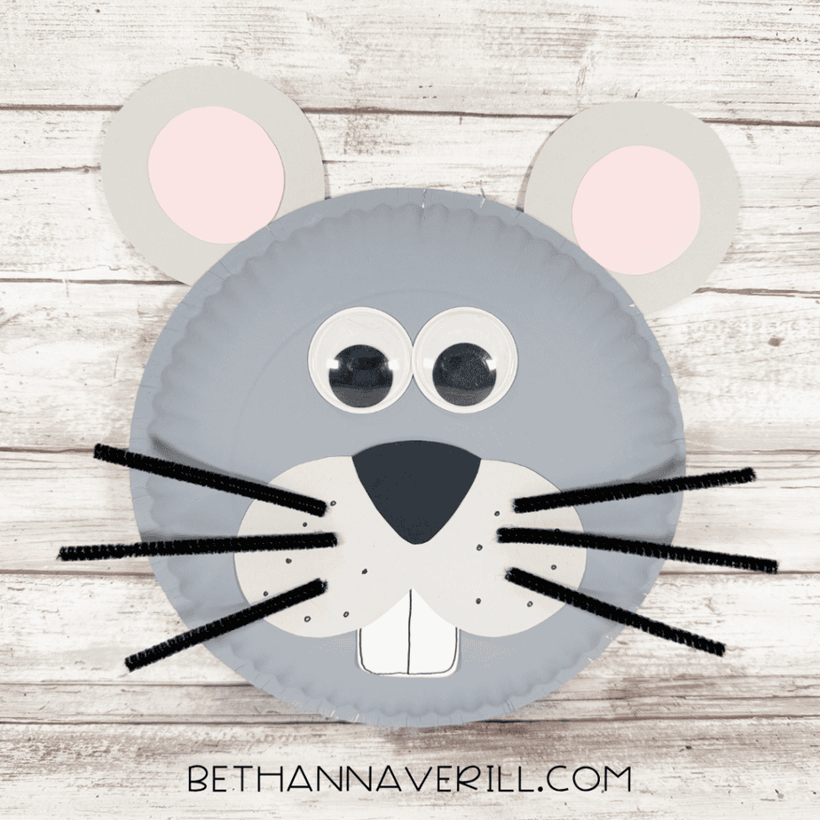 Finished paper plate mouse face with gray ears, pink inner ears, googly eyes, black nose, dotted muzzle, white front teeth, and black pipe cleaner whiskers.