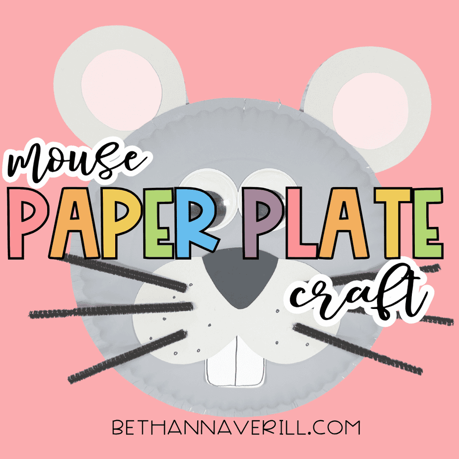 Finished paper plate mouse craft on a pink background with the text “mouse paper plate craft” across the image.