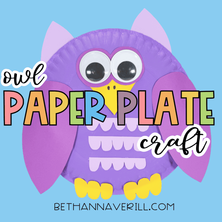 Finished purple paper plate owl craft on a blue background with the text “owl paper plate craft” across the image.