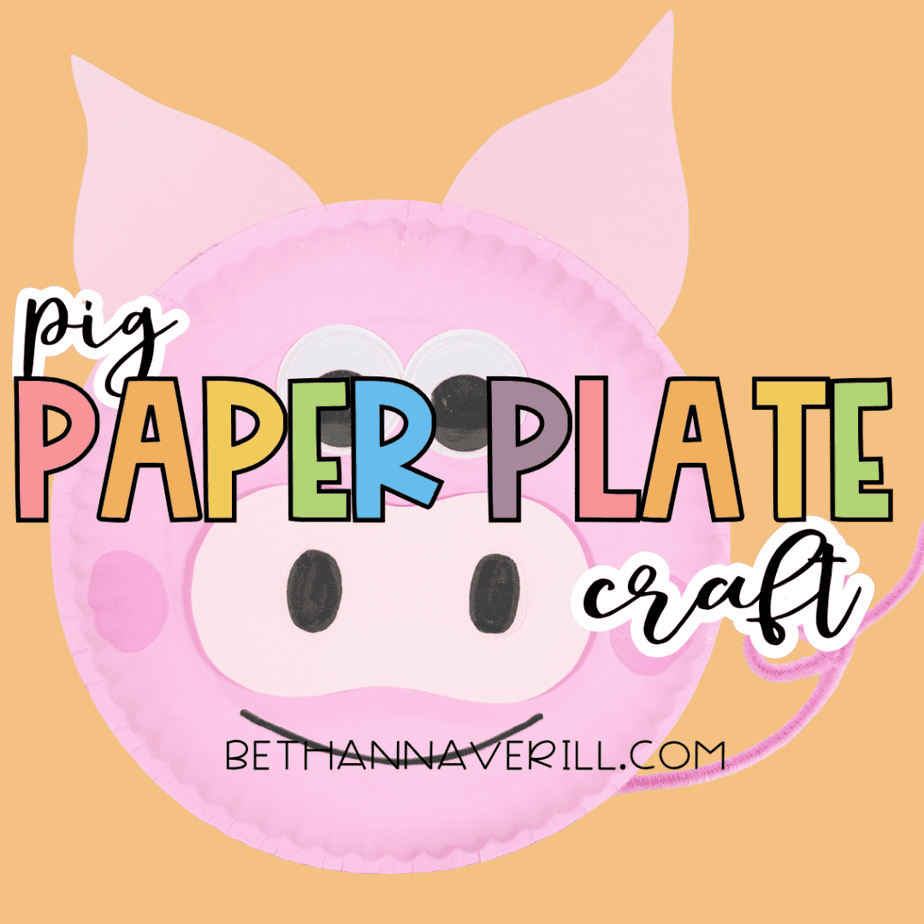 Finished pink paper plate pig craft on a peach background with the text “pig paper plate craft” across the image.