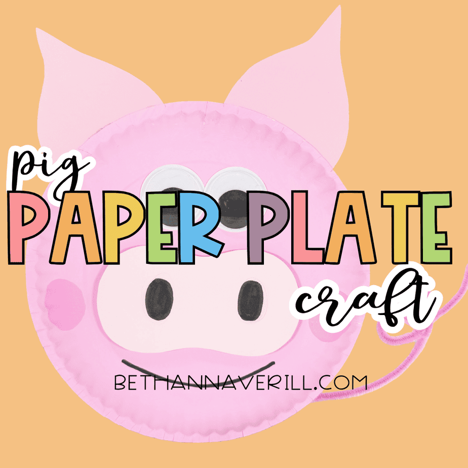Finished pink paper plate pig craft on a peach background with the text “pig paper plate craft” across the image.