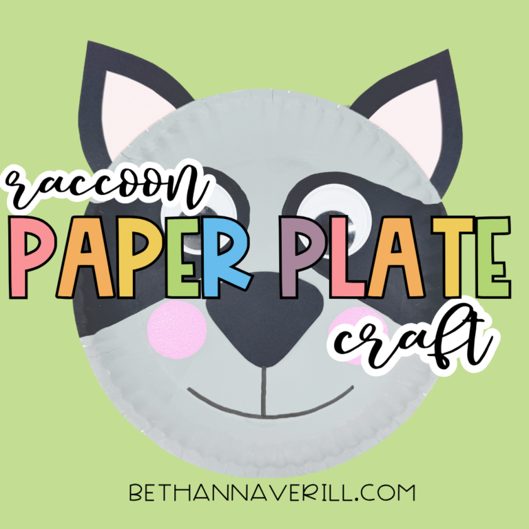 Finished paper plate raccoon craft on a light green background with the text “raccoon paper roll craft” across the image.