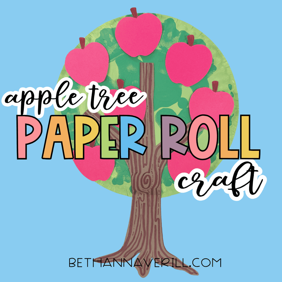 Apple tree paper plate craft featuring a green paper plate tree covered in red paper apples with the colorful title “Apple Tree Paper Roll Craft” on a blue background.