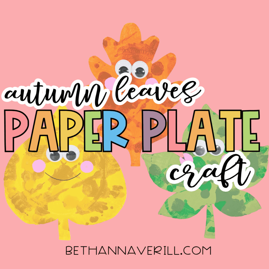 Finished autumn leaves paper plate crafts featuring three smiling leaves in orange, yellow, and green with googly eyes and pink cheeks.