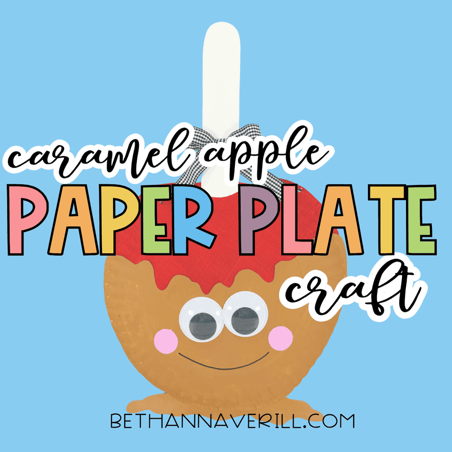 Caramel apple paper plate craft featuring a smiling caramel apple with the colorful title “Caramel Apple Paper Plate Craft” on a blue background.