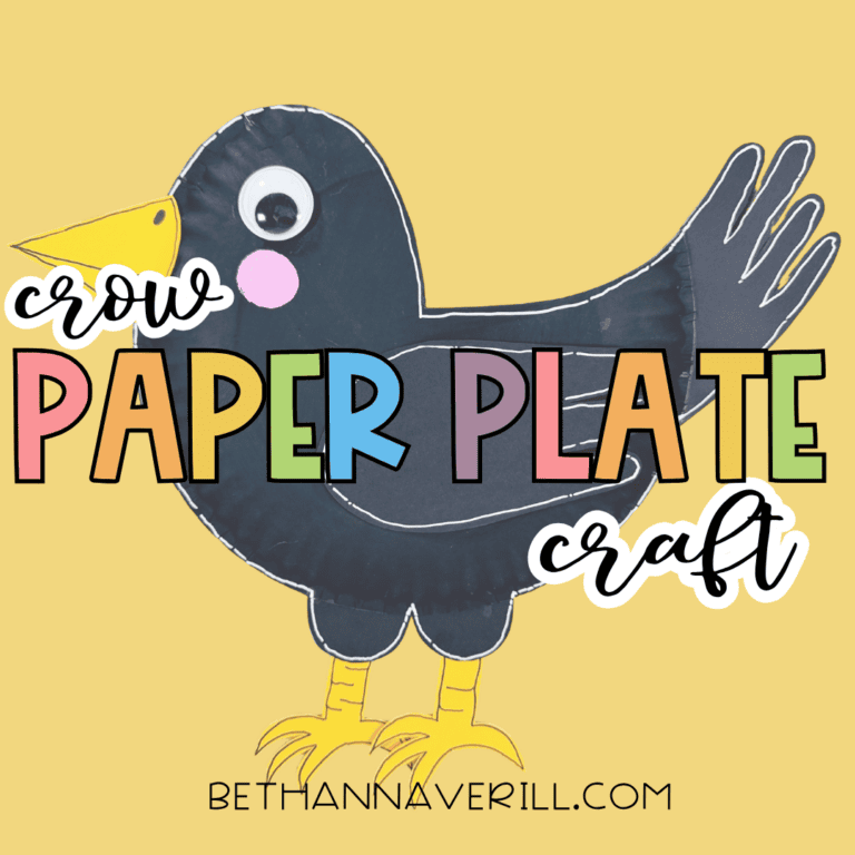 Graphic featuring the finished black crow craft with the text “crow paper plate craft” on a yellow background.
