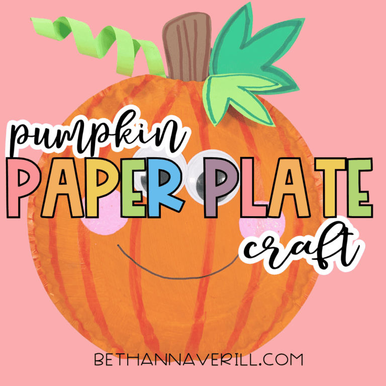 Pinterest-style graphic featuring the finished pumpkin craft on a pink background with the text “pumpkin paper plate craft.”