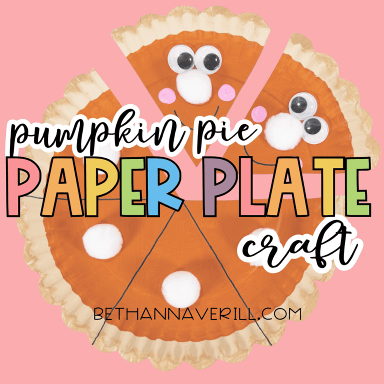 Pinterest graphic featuring the finished pumpkin pie paper plate craft with the text “Pumpkin Pie Paper Plate Craft.”